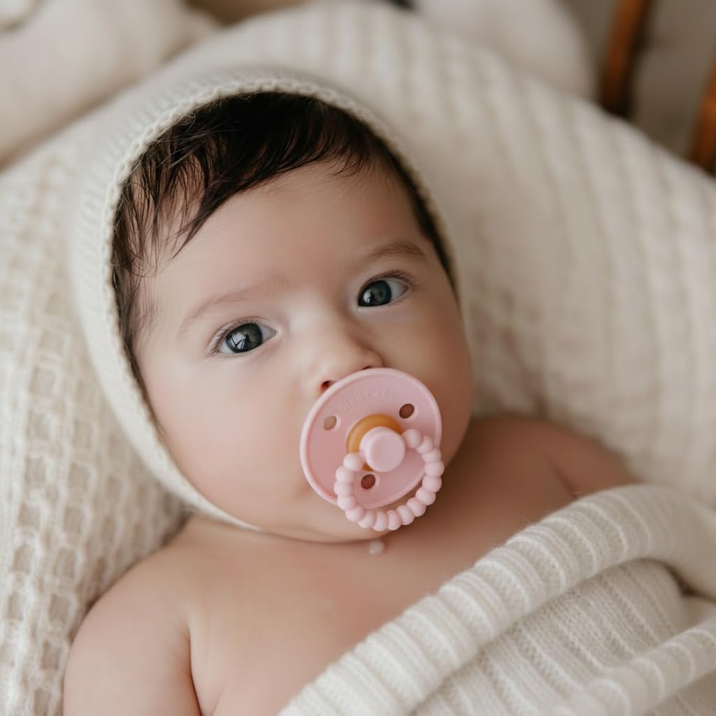 Luladream Pacifier - Natural Rubber Nipple - Soft Teething Handle - for Infants Baby's and Toddlers, 0-18 Months (Blush Pink + Rose Petal)