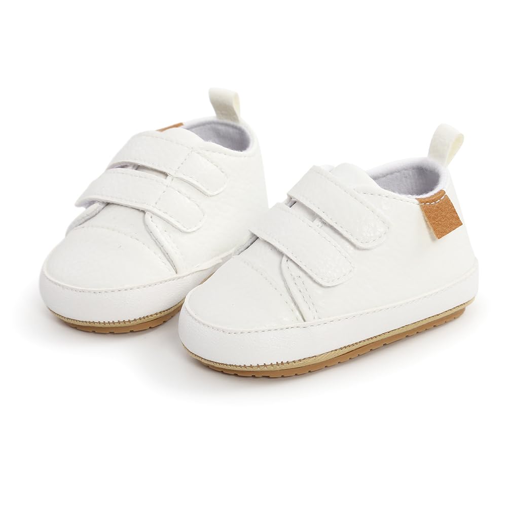 Clowora Baby Boys Girls Shoes Non-Slip Rubber Sole Sneakers Infant First Walking Toddler Crib Shoes Newborn Loafers Flats. (06/White,6-12 Months)