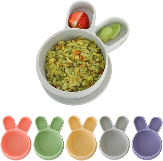 Baby Plates with Suction - Self-Feeding Tools for Baby - Made in Korea - Suction Plates Feeding Essentials - Ideal Baby Food Plates - Perfect Design for Toddlers (Gray, Rabbit)