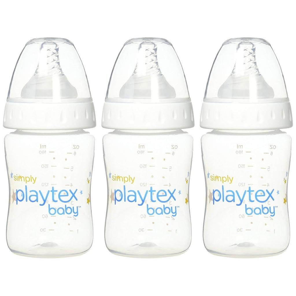 Playtex Baby Simply Playtex Complete Tummy Comfort Baby Bottles, 6 Oz (3 Count), Anti-Colic & Anti-Reflux Bottles for Newborn and Breastfeeding Babies, Feeding Essentials