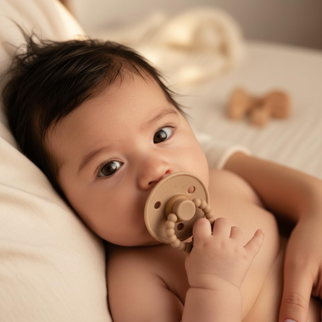 Luladream Pacifier - Natural Rubber Nipple - Soft Teething Handle - for Infants Baby's and Toddlers, 0-18 Months (Camel + Cream)