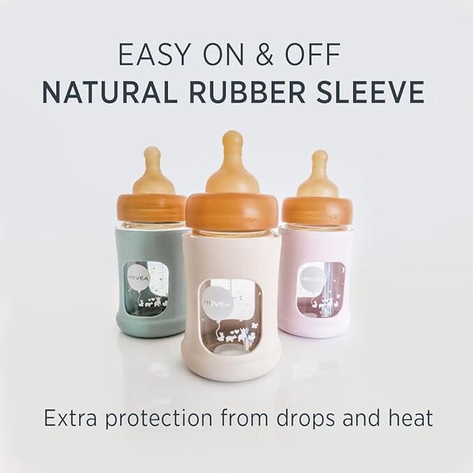 HEVEA Plastic-Free Wide Neck Glass Baby Bottle with Seafoam Blue Sleeve - Slow Flow Anti Colic Baby Bottles Newborn 0+ Months - BPA-Free, Single-Pack (5 Oz)