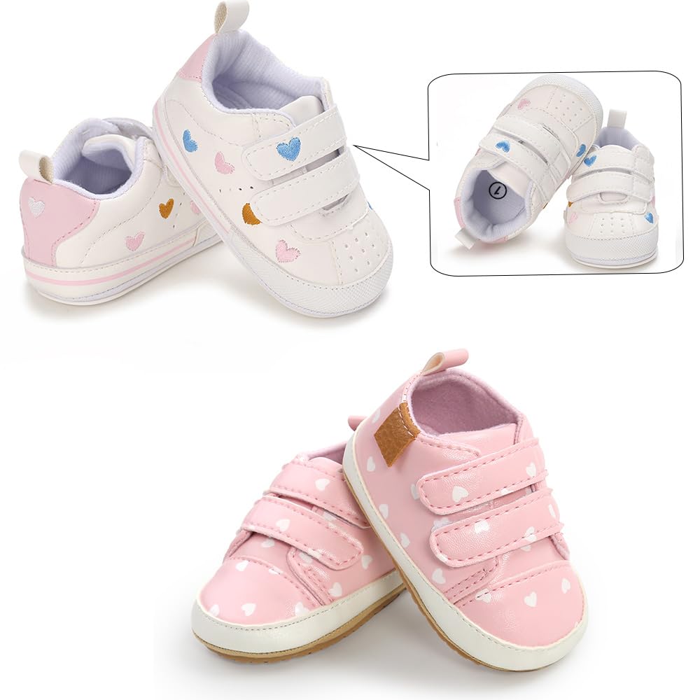 Clowora Baby Boys Girls Shoes Non-Slip Rubber Sole Sneakers Infant First Walking Toddler Crib Shoes Newborn Loafers Flats. (11/2 Pairs_Multi Color+Pink Heart,0-6 Months)