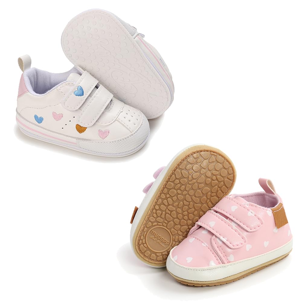 Clowora Baby Boys Girls Shoes Non-Slip Rubber Sole Sneakers Infant First Walking Toddler Crib Shoes Newborn Loafers Flats. (11/2 Pairs_Multi Color+Pink Heart,0-6 Months)