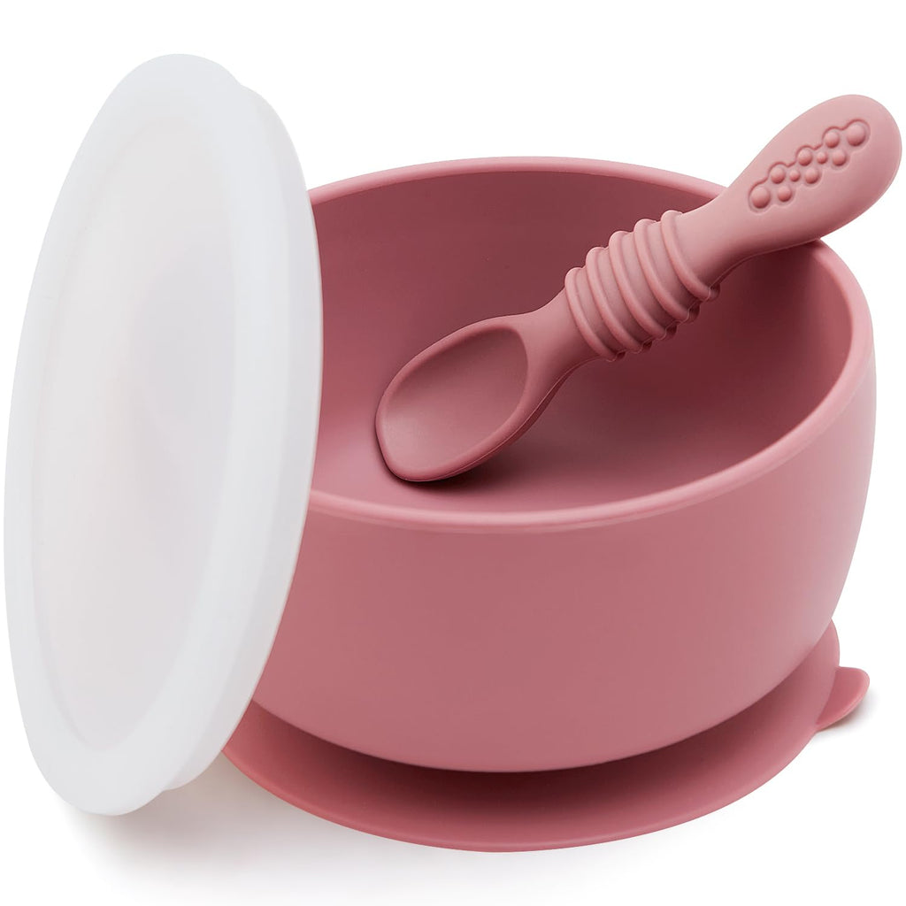 SAMiGO Silicone Baby Suction Bowl with Lid and Self Feeding Spoon Set