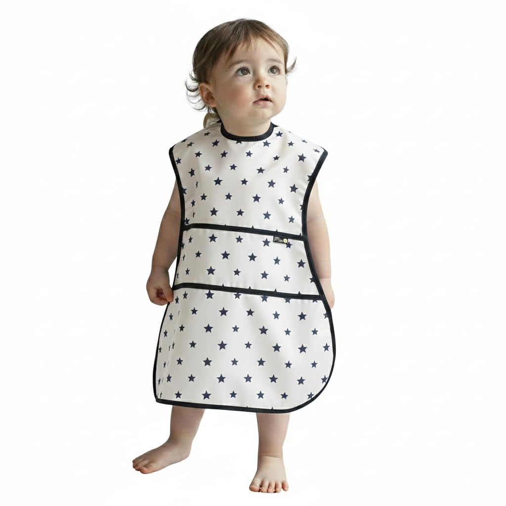 Plie Full Coverage Waterproof Feeding Bib for Toddlers – Extra Long Apron Bib for Mealtime, Self-Feeding, High Chair, Food Catcher, BPA-Free, Easy to Clean - Ivory/Star
