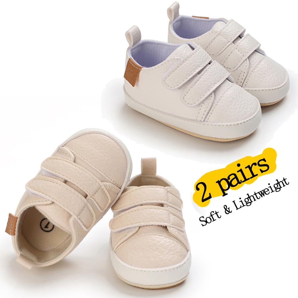 eitwo 2Pairs Baby Shoes,Boys Girls Non-Slip Rubber Sole Sneakers,Unisex Infant Soft Lightweight First Walking Crib Shoes (2Pairs_White+Beige,3-6 Months)
