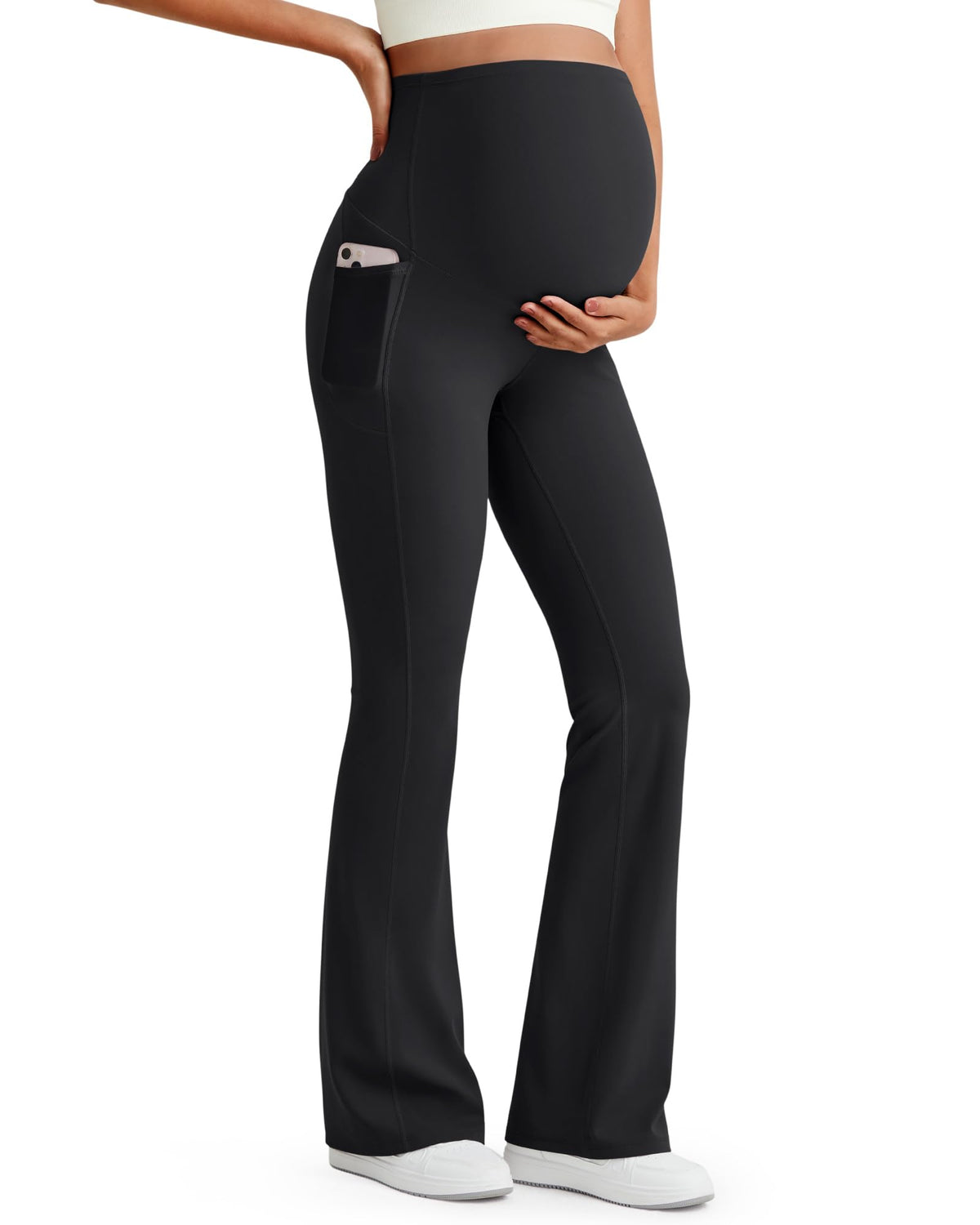 G4Free Maternity Leggings Pregnancy Clothes Flare Leg,Black,L,Extra Tall