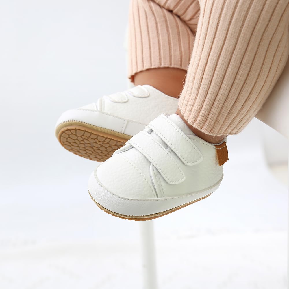 Clowora Baby Boys Girls Shoes Non-Slip Rubber Sole Sneakers Infant First Walking Toddler Crib Shoes Newborn Loafers Flats. (06/White,6-12 Months)