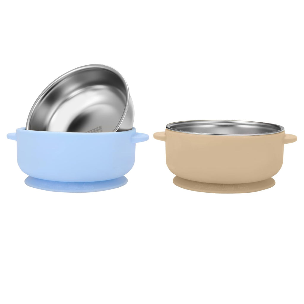 Wesketch 2 Pack Stainless Steel Baby Bowls with Removable Non-Slip Silicone Suction Shell, Anti Scald Food Container for Baby Food Feeding-Skyblue & Cream