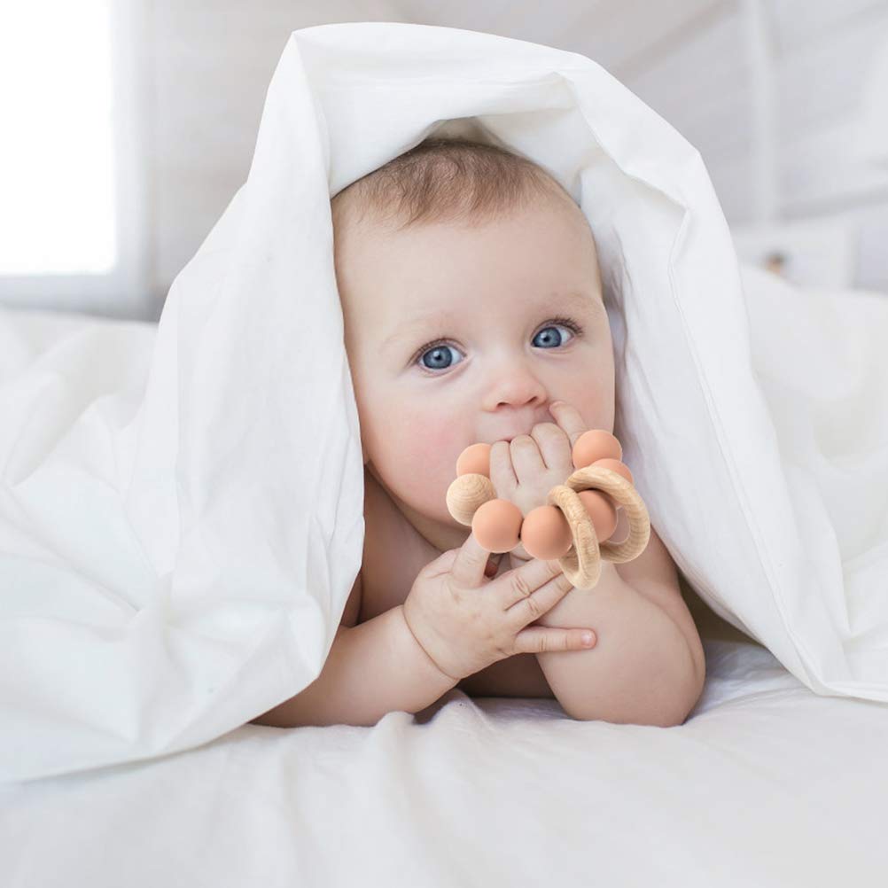 Silicone Baby Teether, Food Grade Silicone & Beech Baby Teething Toy, BPA Free (White)