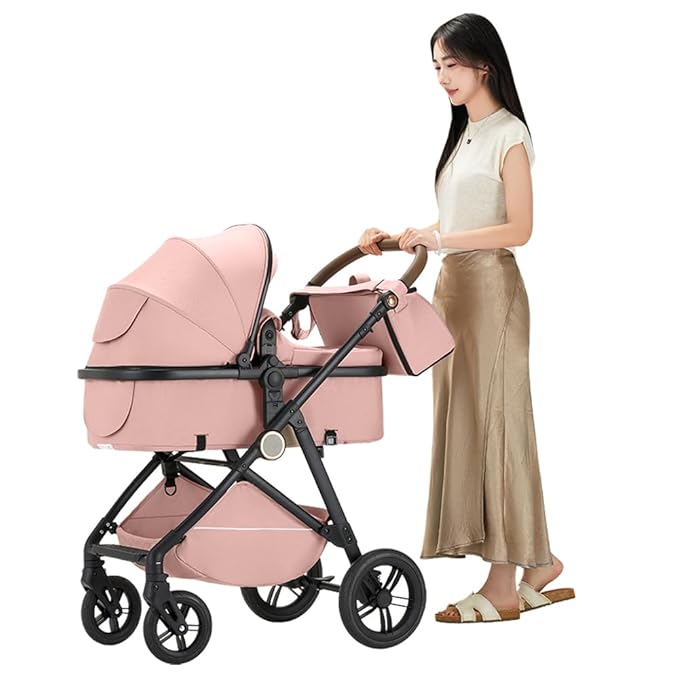 2 in 1 Baby Stroller, High Landscape Infant Stroller Pram Foldable Pushchair with Adjustable Canopy, Storage Basket,5-Point Harness,Mom Bags (Pink)