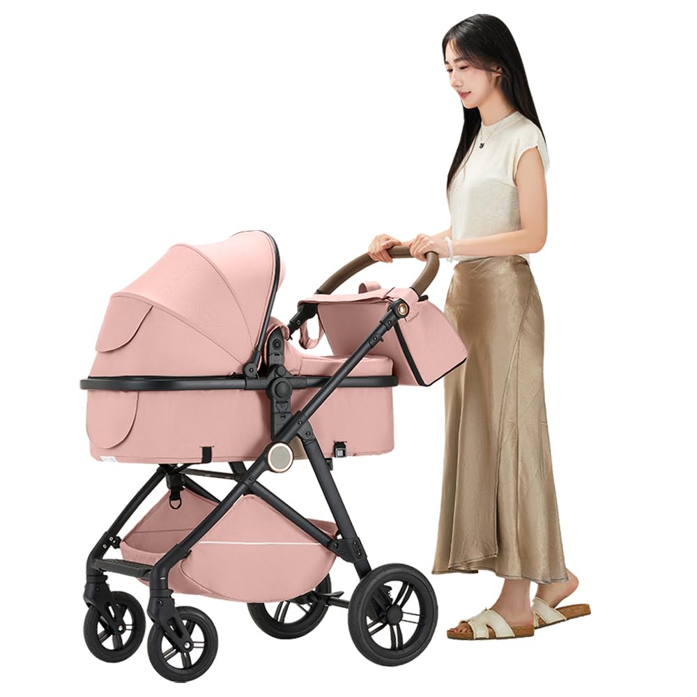 2 in 1 Baby Stroller, High Landscape Infant Stroller Pram Foldable Pushchair with Adjustable Canopy, Storage Basket, Suspension Wheels,5-Point Harness,Mom Bags (Pink)