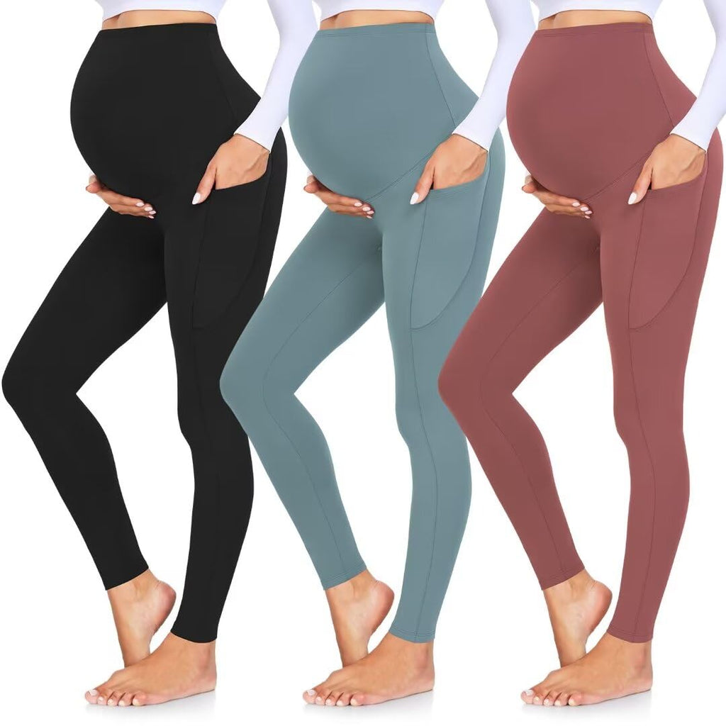 GROTEEN 3 Pack Women's Maternity Leggings with Pockets Over The Belly Pants
