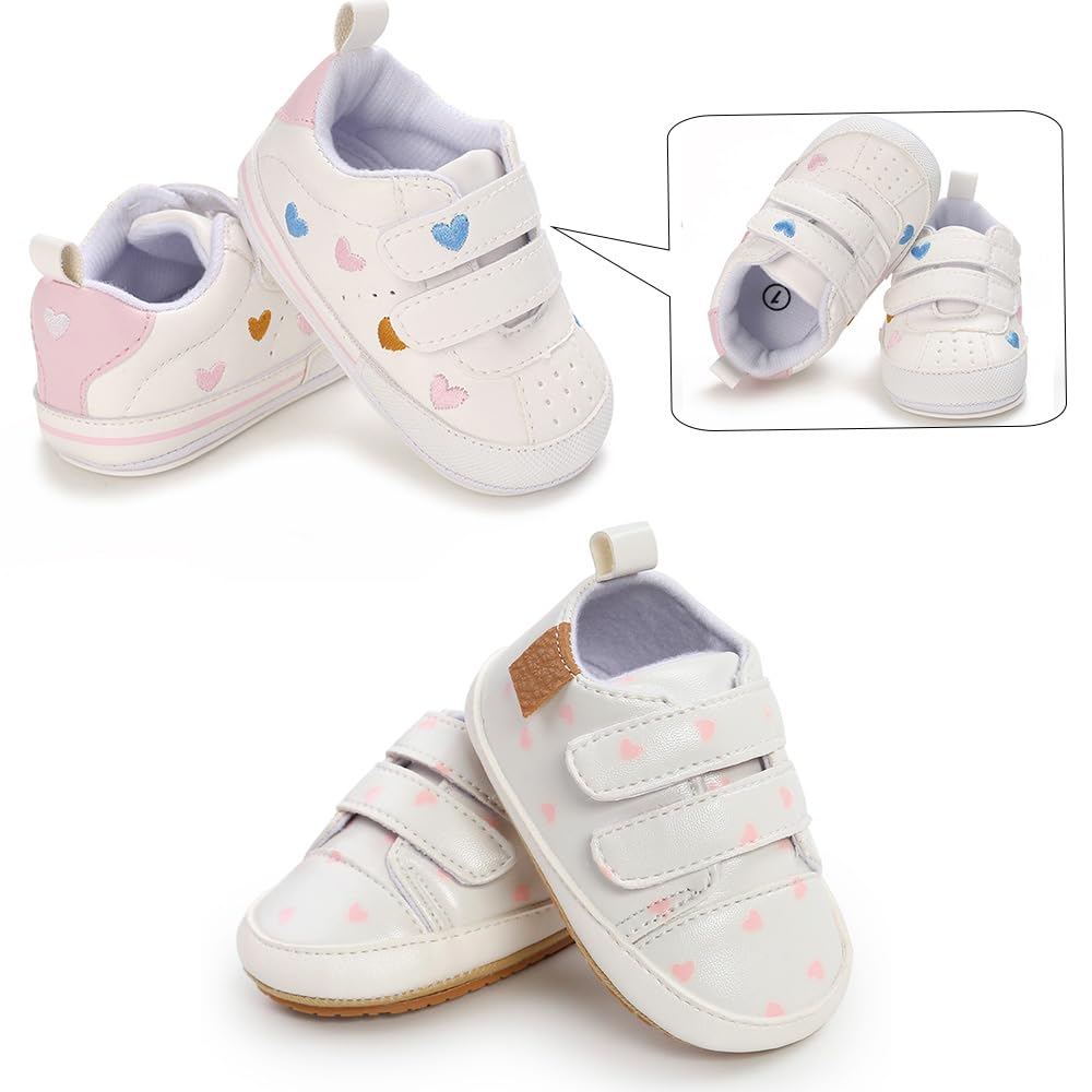 Clowora Baby Boys Girls Shoes Non-Slip Rubber Sole Sneakers Infant First Walking Toddler Crib Shoes Newborn Loafers Flats. (11/2 Pairs_Multi Color+White Heart,0-6 Months)