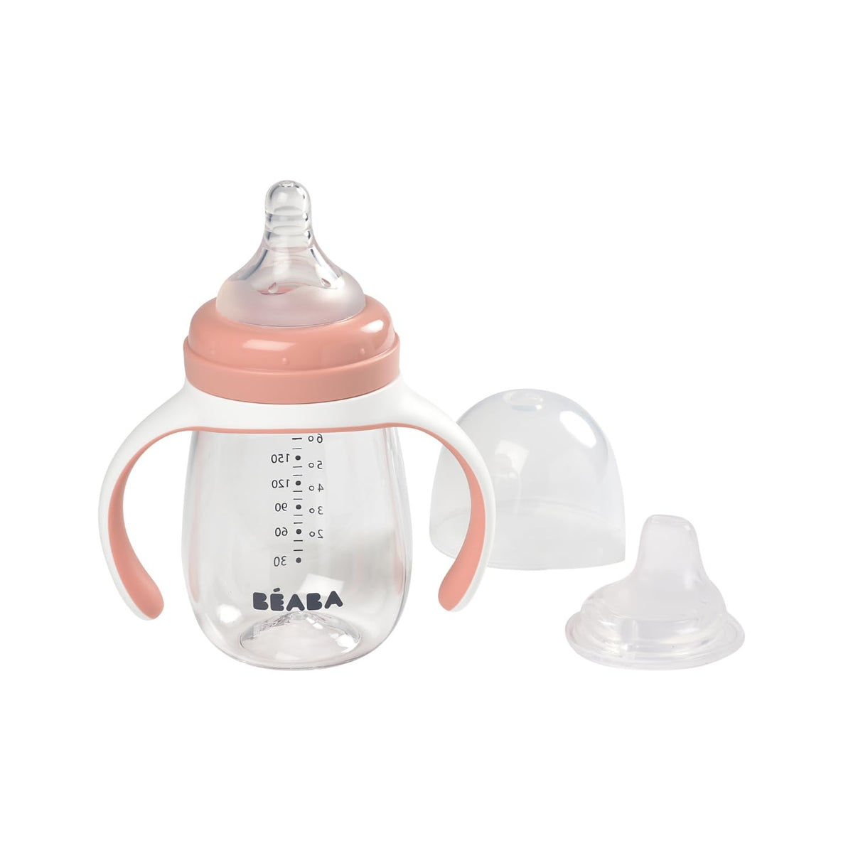BEABA 2-in-1 Baby Bottle to Transition Sippy Cup, No Spill Sippy Cup, Includes Removable Handles, Silicone Baby Bottle Nipple and Soft Spout, 7 oz Oat