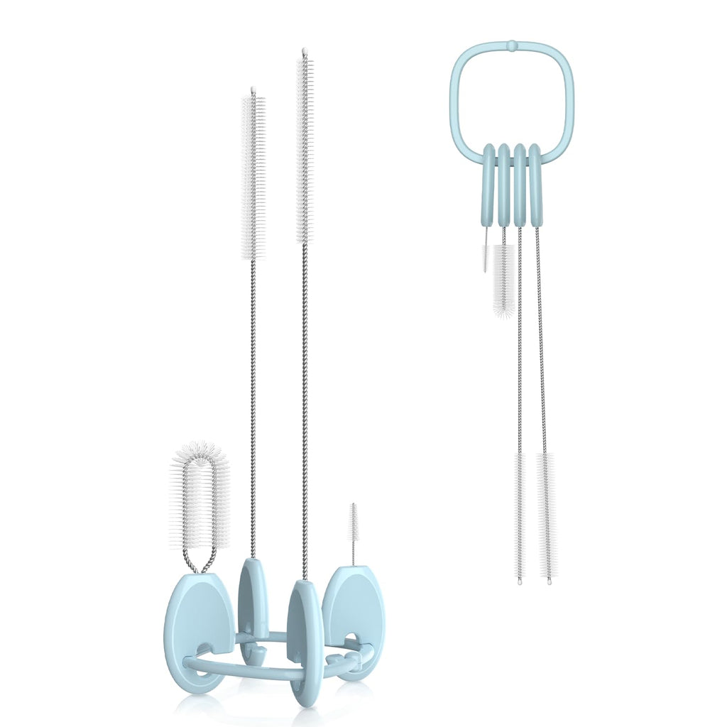 YOTIME 4in1 Straw Cleaner Brush Set, Reusable Standing Straw Brushs with Holder Ring, for Wide and Narrow Straws, Tumblers, Water Bottles and Cups, Blue