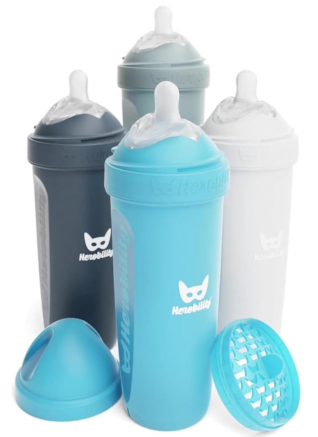 Herobility Anti-Colic Baby Bottles 8.5 fl oz/240ml - Pack of 4 Plastic Baby Bottles, Slow Flow Plastic Bottles, Breast-Shaped Teat for Breastfed Babies, – Multicolor - White, Gray, Iron Blue, Blue