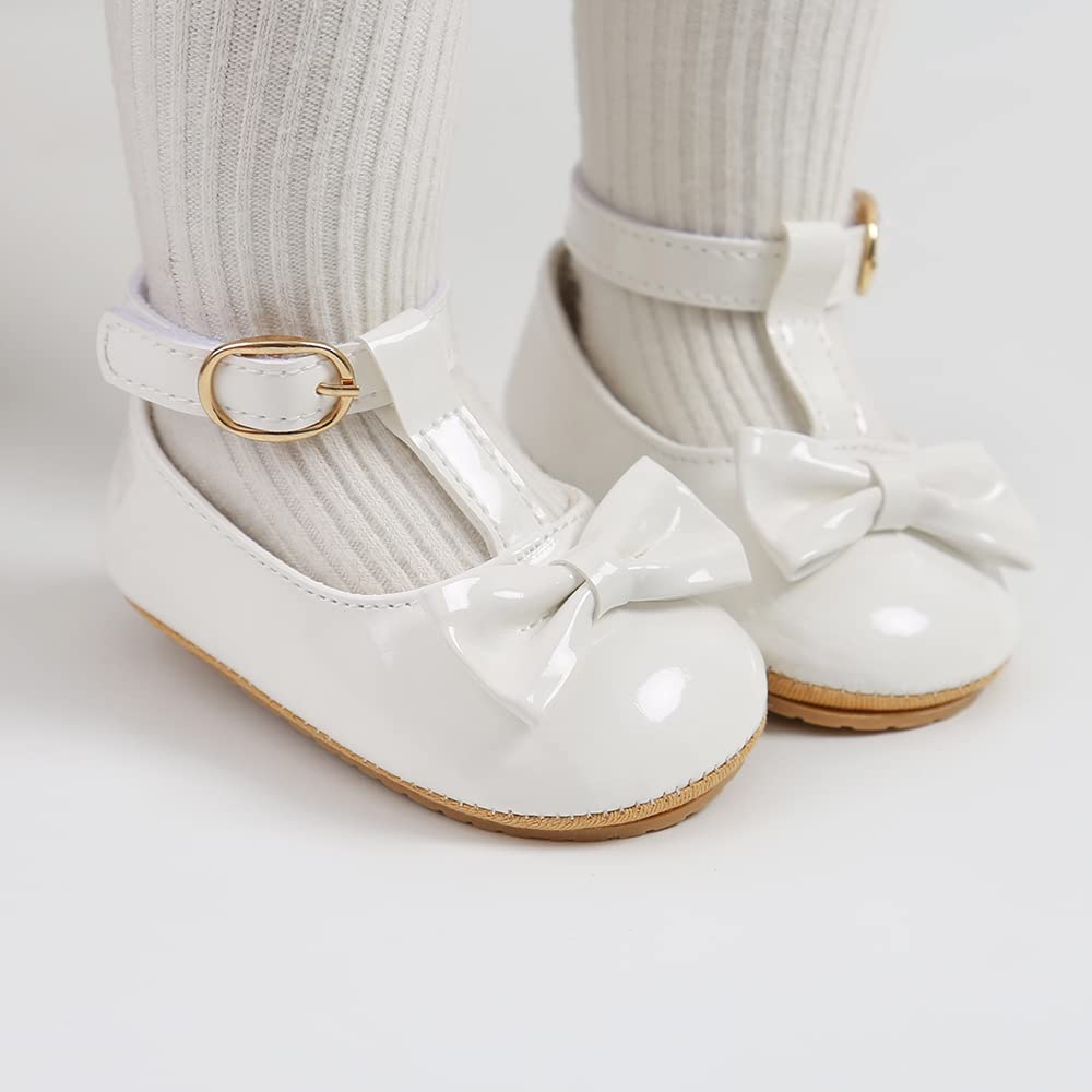 COSANKIM Baby Girls Mary Jane Flats Shoes Anti-Slip Rubber Sole Infant Toddler Princess Wedding Dress Shoes(01 White, 3-6 Months Infant)