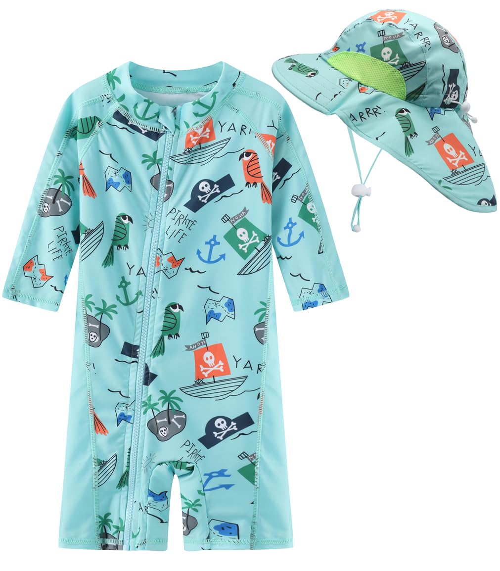 Toddler Baby Boys Swimsuit Rashguard One Piece Zipper Bathing Suit with Sun Hat Infant Swimwear Sunsuit UPF 50+（Pirate，9-12 Months）