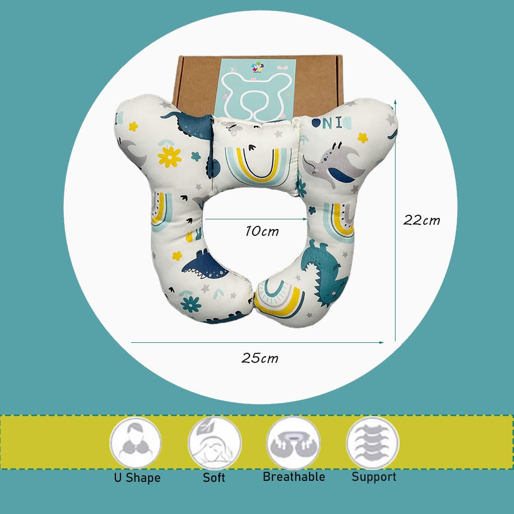 Wedfull Baby Neck Pillows, Comfortable Baby Travel Head Neck Support Pillow for Car Seat Stroller Pushchair, Soft PP Cotton Travel Pillow for 0-2 Years Old Toddler Infant Newborn, Dinosaur