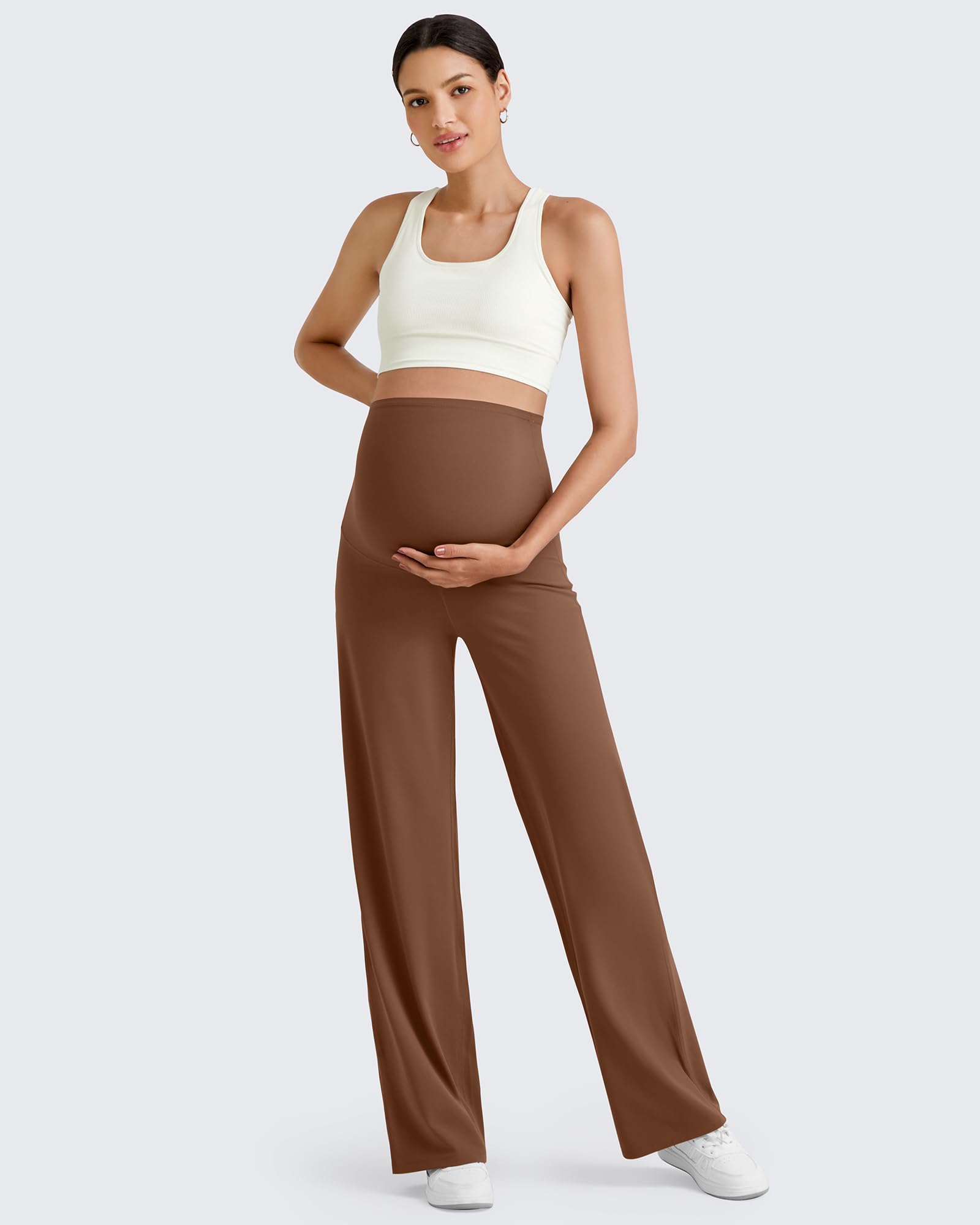 G4Free Maternity Pants Yoga Casual Wide Leg,Dark Coffee,M,Regular