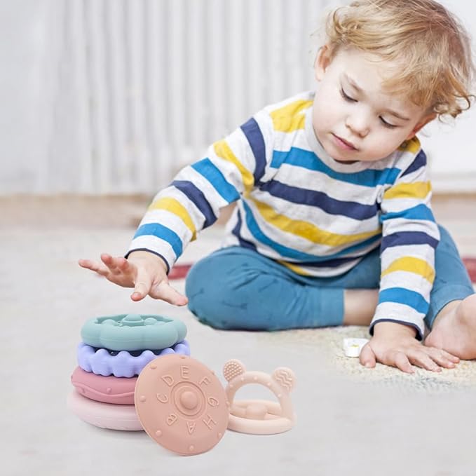 Baby Bear Teething & Stacking Toy Set - Teething Toys Silicone Teethers, Soft Baby Stacker Rings Teether, Learning Toy Gift for Boys and Girls 6+ Months (Beige)