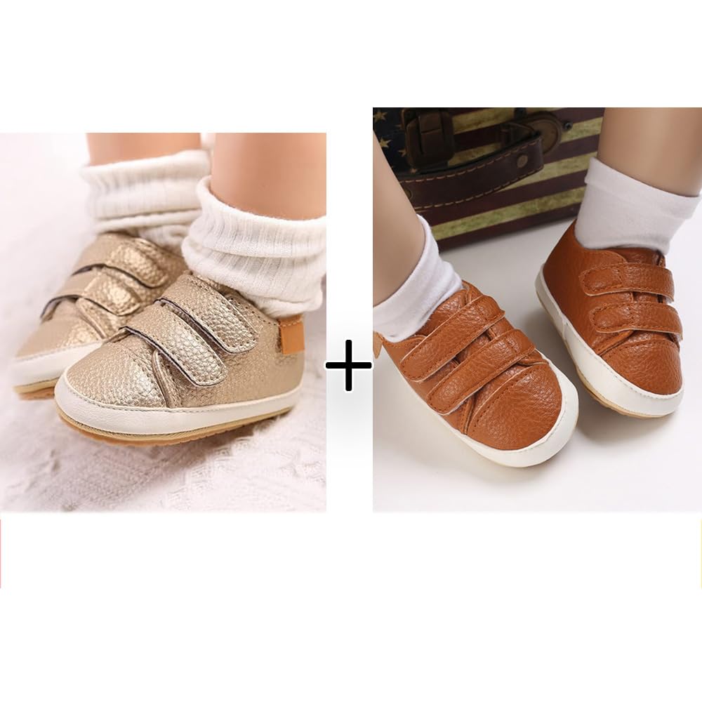 eitwo 2Pairs Baby Shoes,Boys Girls Non-Slip Rubber Sole Sneakers,Unisex Infant Soft Lightweight First Walking Crib Shoes (2Pairs_Brown+Gold,3-6 Months)