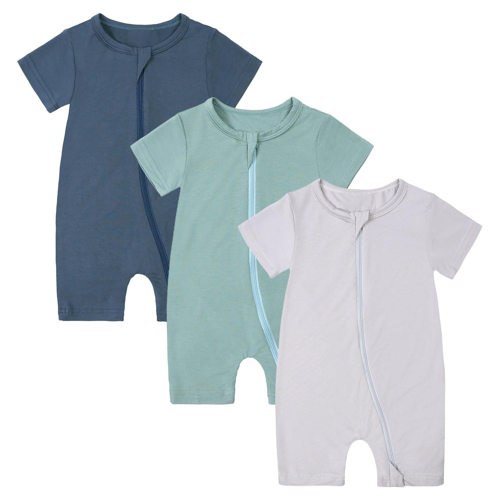 OPAWO Baby Boy Pajamas 3 Pack, 2 Way Zipper Sleepers Baby Boy Girl Romper, Toddler Summer Clothes Outfits 0-24M(Navy,Green,Gray,3-6 Months)
