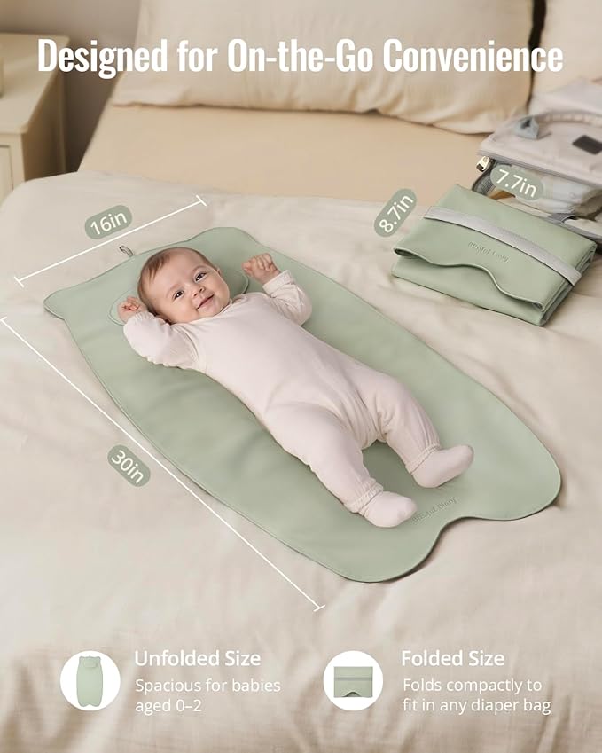 Blissful Diary Vegan Leather Portable Changing Pad, Wipeable, Waterproof Diaper Changing Mat, Newborn Shower Gifts, with Built-in Padding, Light Green