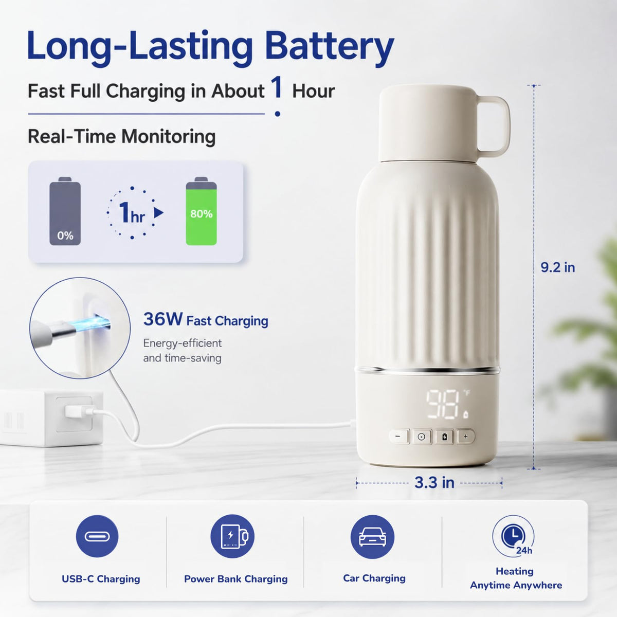 Snow Bear Portable Bottle Warmer for Travel, with 36W Fast Charger, Fast Heating for Breast Milk and Water, 10200mAh Battery with LED Display, 17oz Large Capacity, Smart Water Bottle 500mL