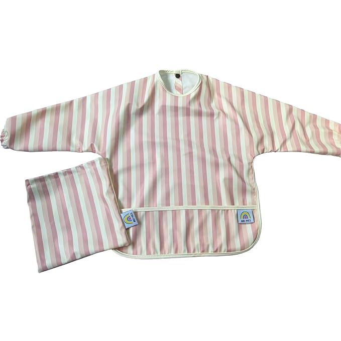 ARI MES Long Sleeves Waterproof Baby Bibs for Eating - Pink Stripes, Large- Wearable, Coverall for Toddler, Long Sleeve Bib, Smock Apron for Feeding - Applicable for 6-72 Months