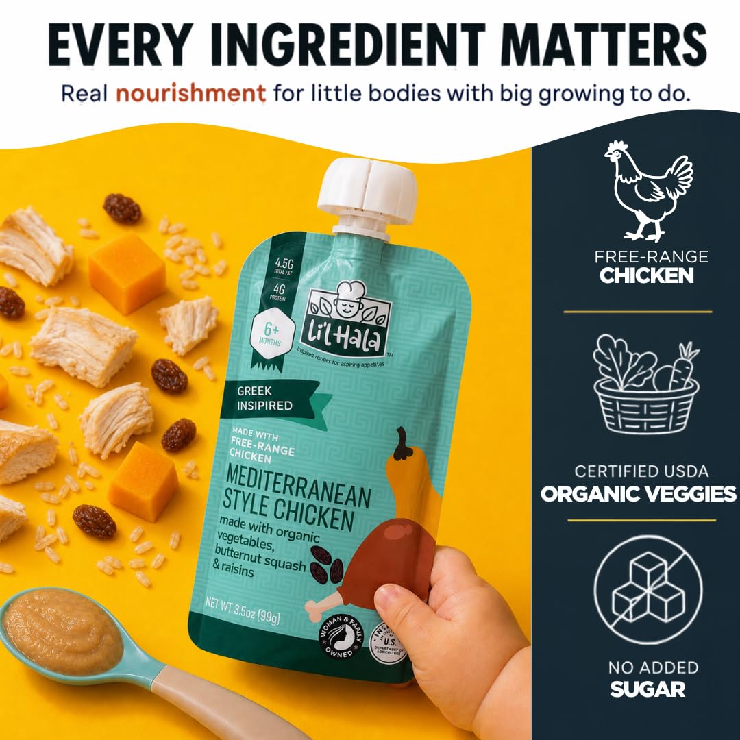 Li'l Hala Chicken Baby Food Pouches | Mediterranean Chicken with Organic Veggies, 4g Protein, Iron & Fiber | Savory Stage 2 Baby Food Meat Puree for 6+ Months | 3.5 oz, 12 Count