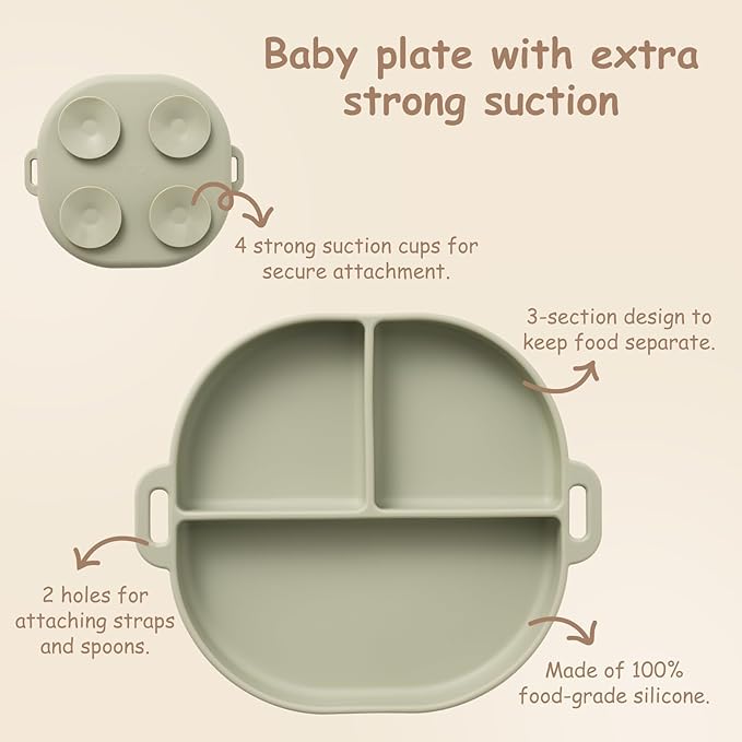 Baby Plates with Suction Silicone Baby Spoons Divided Baby Plates Silicone Baby Safety Toy Straps Baby Bottle Bungees Baby Feeding Set All-in-one-Blush
