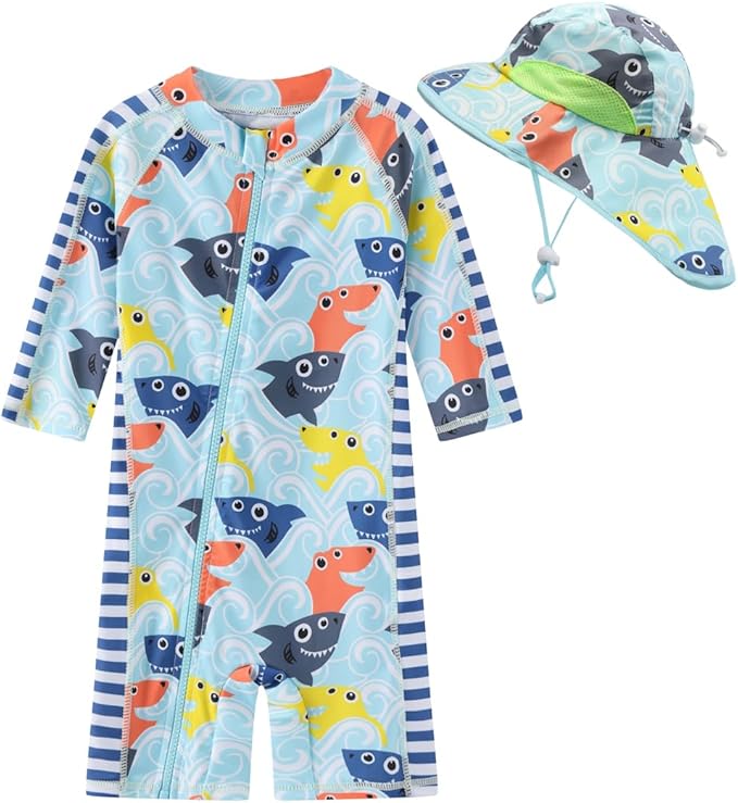 Toddler Baby Boys Swimsuit Rashguard One Piece Zipper Bathing Suit with Sun Hat Infant Swimwear Sunsuit UPF 50+