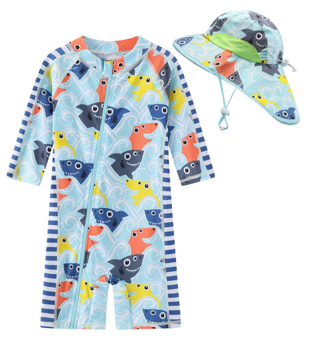 Toddler Baby Boys Swimsuit Rashguard One Piece Zipper Bathing Suit with Sun Hat Infant Swimwear Sunsuit UPF 50+（Pirate，9-12 Months）