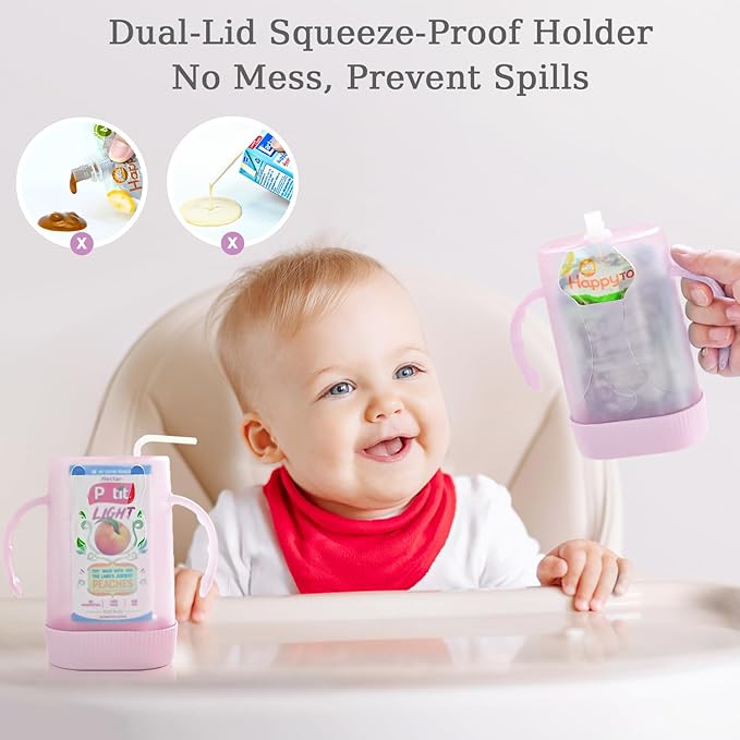 MOMUSE Dual-Lid Squeeze Pouch Holder for Food Pouches & Drink Boxes, Baby Pouch Holder with Larger Capacity, Versatile Design for Self-Feeding, Anti-Squeeze Pouch Holder No Spill No Mess, Pink & Blue