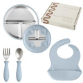 TOTS GROUND Stainless Steel Toddler Feeding Set 4 Pieces – Suction Plate, Silicone Bib, Spoon & Fork – Divided Plates for Baby Led Weaning, BPA-Free, Removable Shell (Baby Blue)