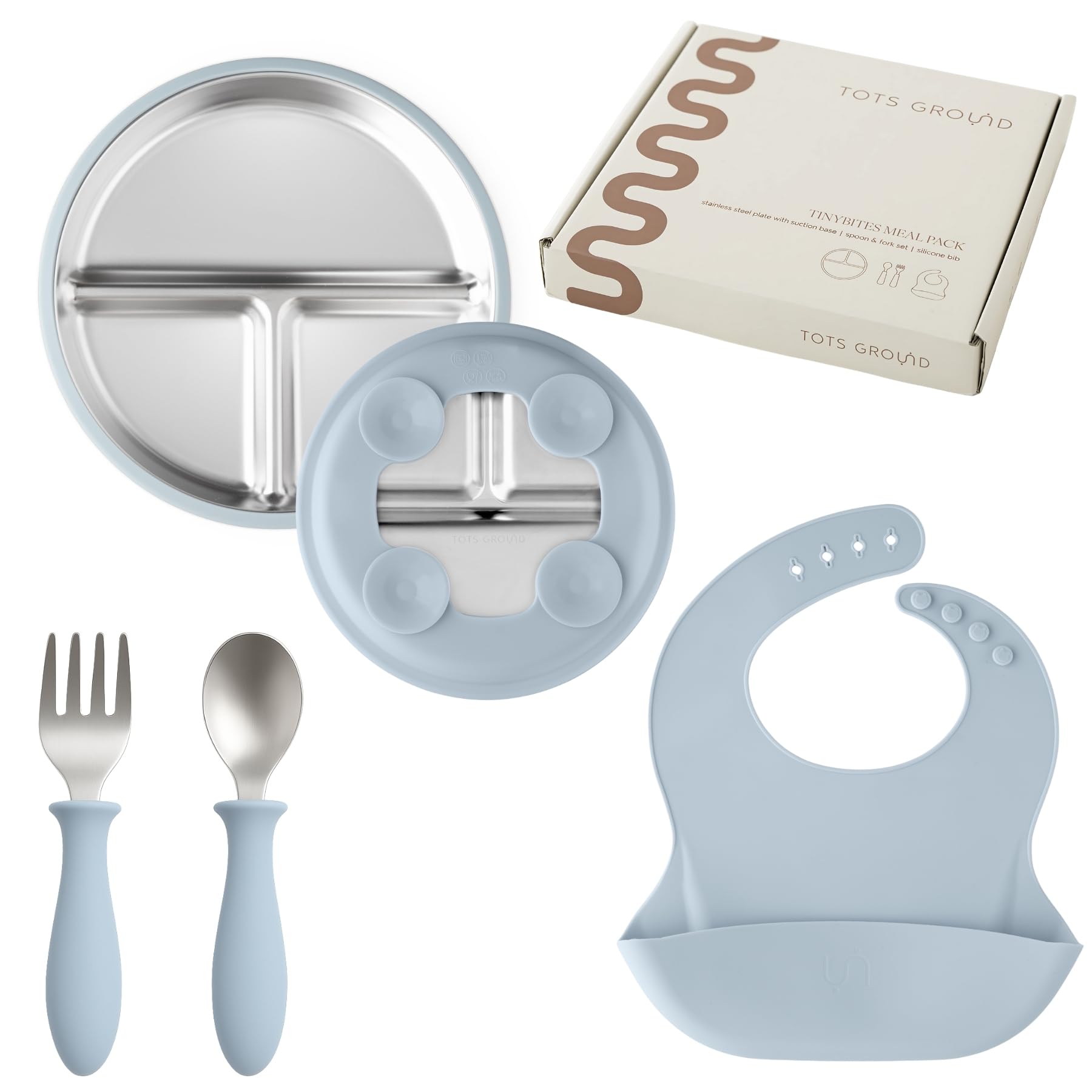 TOTS GROUND Stainless Steel Toddler Feeding Set 4 Pieces – Suction Plate, Silicone Bib, Spoon & Fork – Divided Plates for Baby Led Weaning, BPA-Free, Removable Shell (Baby Blue)