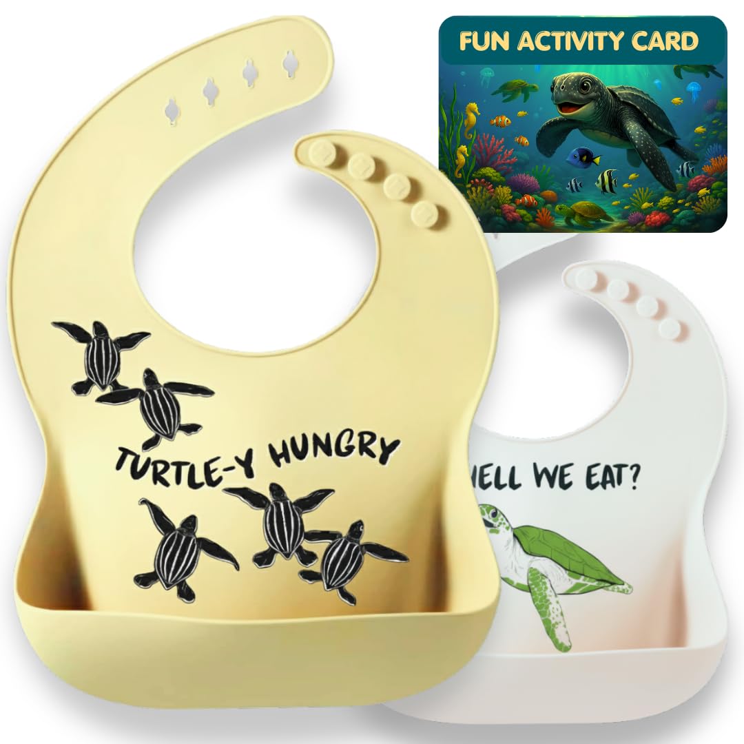 Sea Turtle Silicone Bibs for Babies - 2 Pack Turtle Bibs for Boys and Girls w/Waterproof Activity Card -Easy to Clean Adjustable -BPA-Free Food Catching Baby Bibs - Ocean Beach Themed Shower Gift