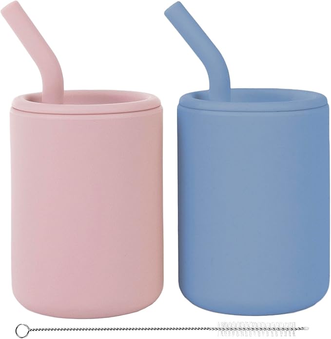 WeeSprout Silicone Baby Cups With Straws and Lids, 4 & 8 oz Options, Set of 2, Food Grade Toddler Training Container, Built In Straw Stoppers, Measurement Markings, Dishwasher Safe + Straw Cleaner