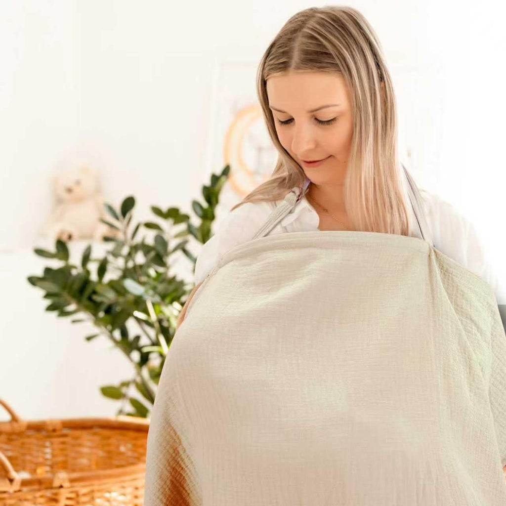 Haleeone Muslin Nursing Cover for Breastfeeding, Privacy Breathable Breastfeeding Cover with Arch Neckline for Mom, 100% Cotton Nursing Apron, Green