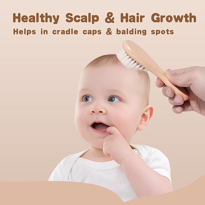 Baby Hair Brush and Cradle Cap Brush Set Goat Hair Bristles Brush 2 Pieces Silicone Cradle Cap Brushes Wood Handle Newborn Brush Kit for Newborns and Toddlers 3 Packs