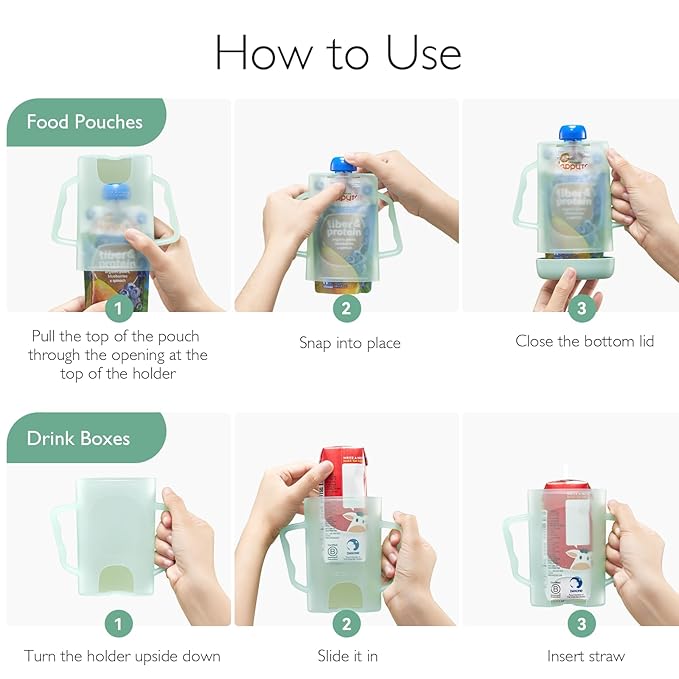 Momcozy Baby Pouch Holder No Squeeze, Baby Food & Juice Box Holder, Mess-Free, Easy Grip for Self-Feeding, BPA-Free & DEHP-Free, Must-Have for Babies, Green
