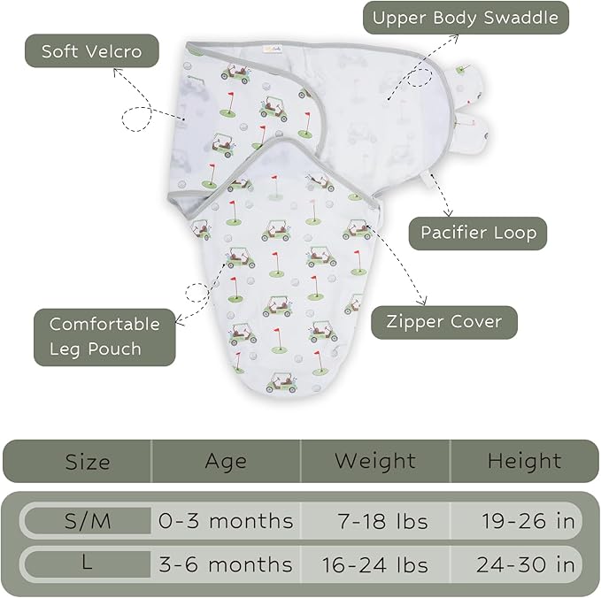 LollyBanks Baby Swaddles, 100% Organic Cotton Swaddles for Newborns Boys and Girls, 0-3 Months Swaddle Sacks with Easy Change Zipper, Swaddle Neutral Baby Registry (Golf Print)
