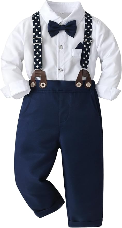 Boarnseorl Baby Boys Pants Sets,Toddler Gentleman Outfits, Infant Long Sleeve Shirt + Pants + Bow Tie + Suspenders