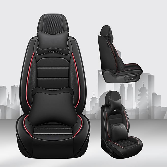 JOJ Car Seat Cover Fit for Toyota Highlander 2001-2025,7 Seat Car Seat Cover,No-Slip Waterproof Breathable Faux Leather Automotive Seat Covers Auto Interior Covers,Full Set with Pillow,Black Red