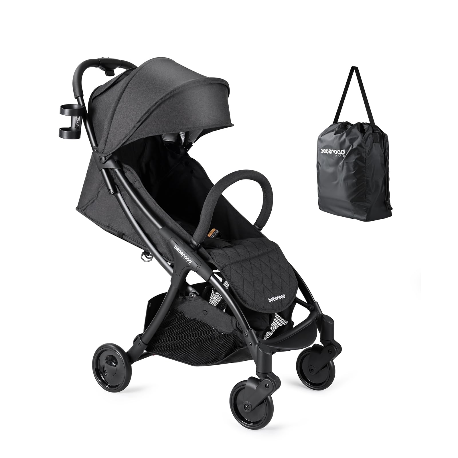 Beberoad Love R2 Travel Stroller for Airplane Small Compact Stroller Lightweight Baby Stroller, Foldable Infant Toddler Stroller with Cup Holder, Rain Cover and UPF 50+ Waterproof Canopy, Black
