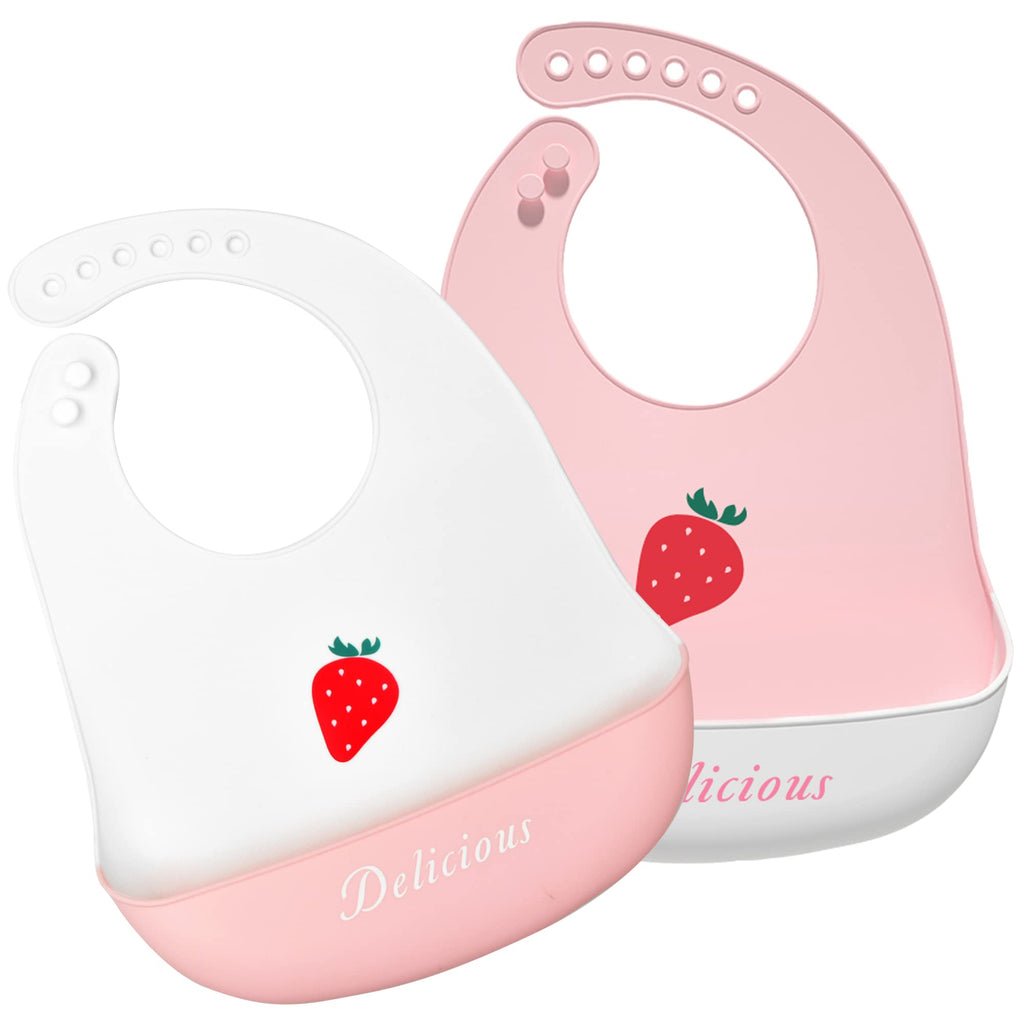 Eimmabey Silicone Bibs for Babies and Toddlers, 2 Sets, Adjustable, Waterproof, Strawberry