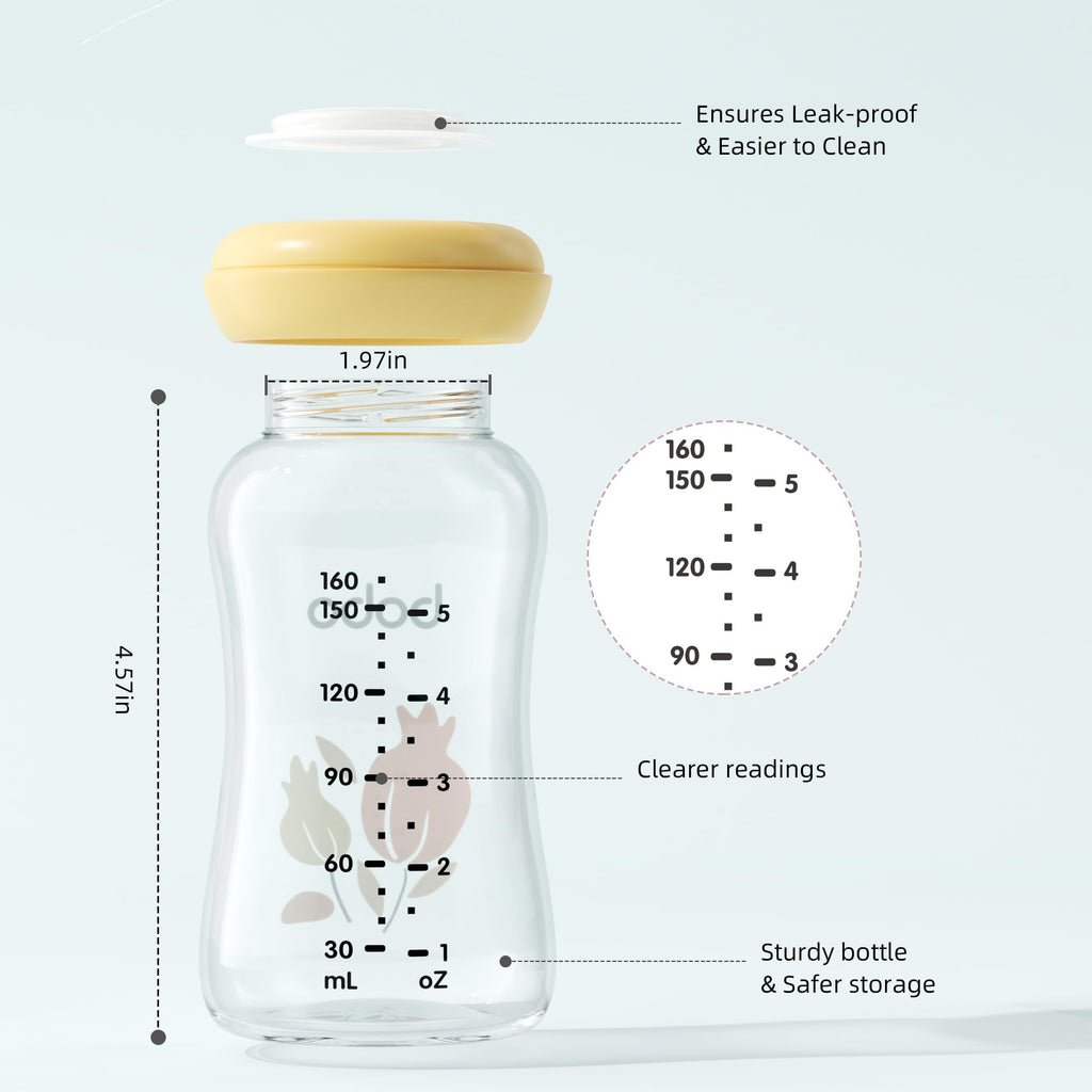 YOHKOH Glass Breast Milk Storage Bottles - 100% Leak-Proof, BPA-Free Breastmilk Storage Containers, Freezer & Dishwasher Safe, Ideal for Nursing Mothers (Yellow, 5.4oz (Pack of 6))